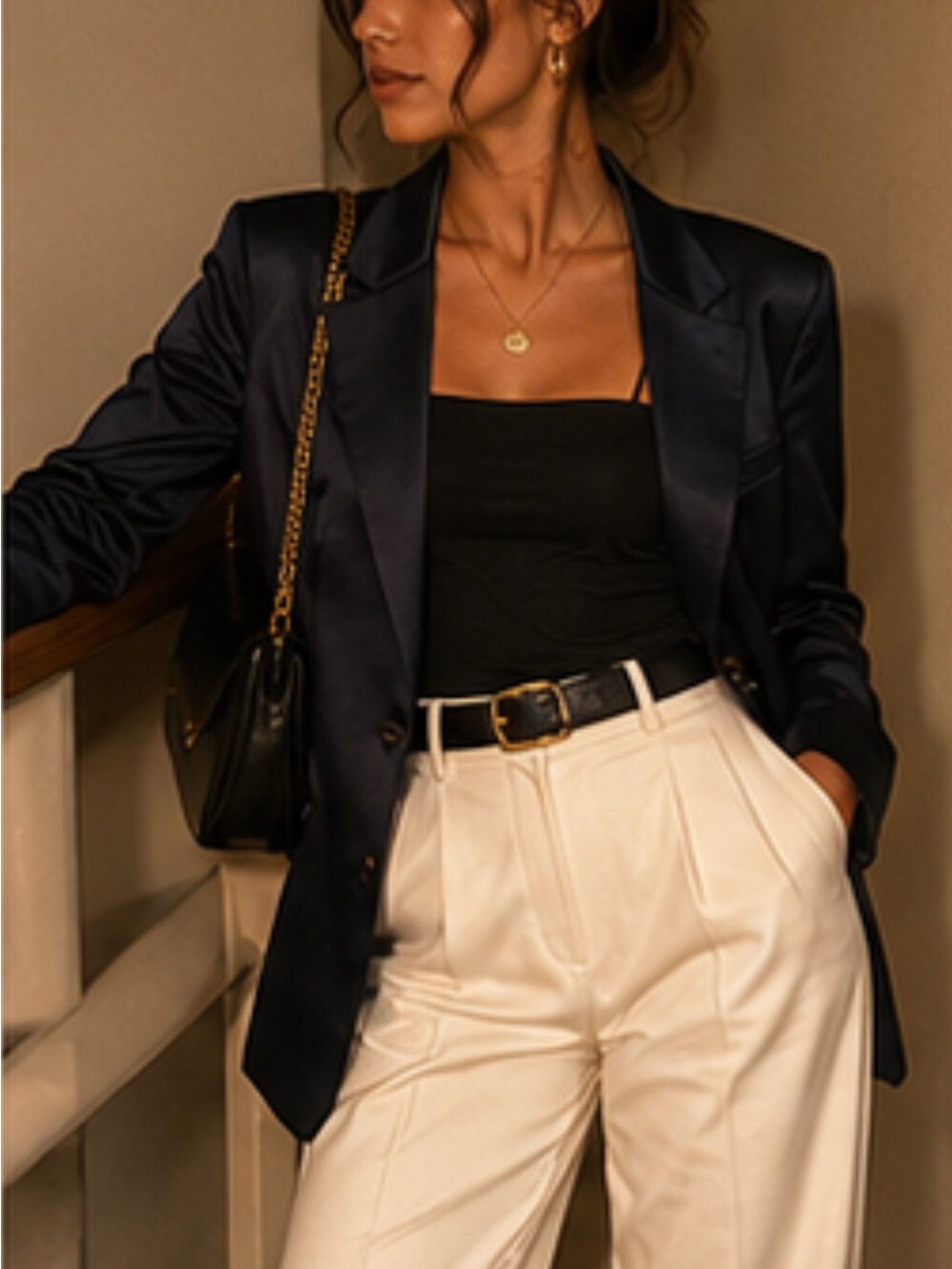 Tahari Navy Satin Blazer